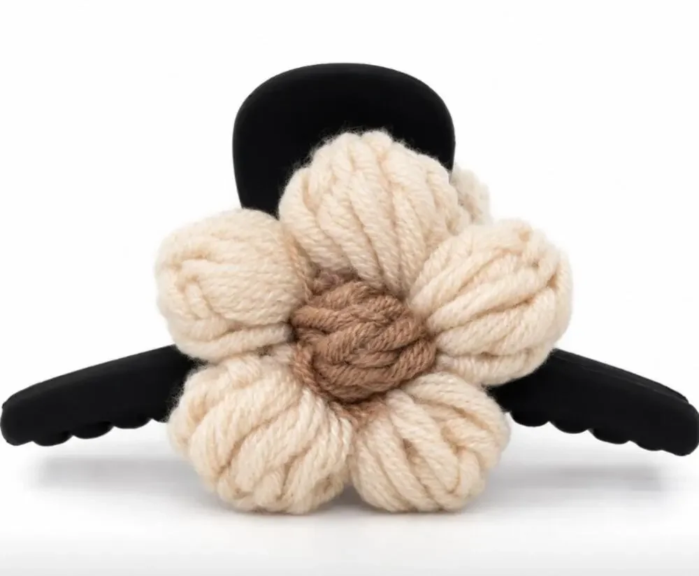 Black Velvet Knit Flower Hair Claw Clip New